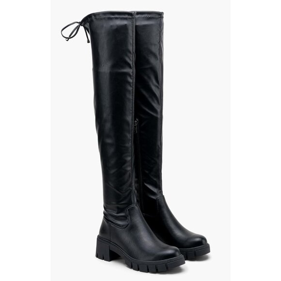 Women's Platform Boots-990-black Pu Over The Knee Thigh High Round Toe Long Boot - Picture 6 of 7